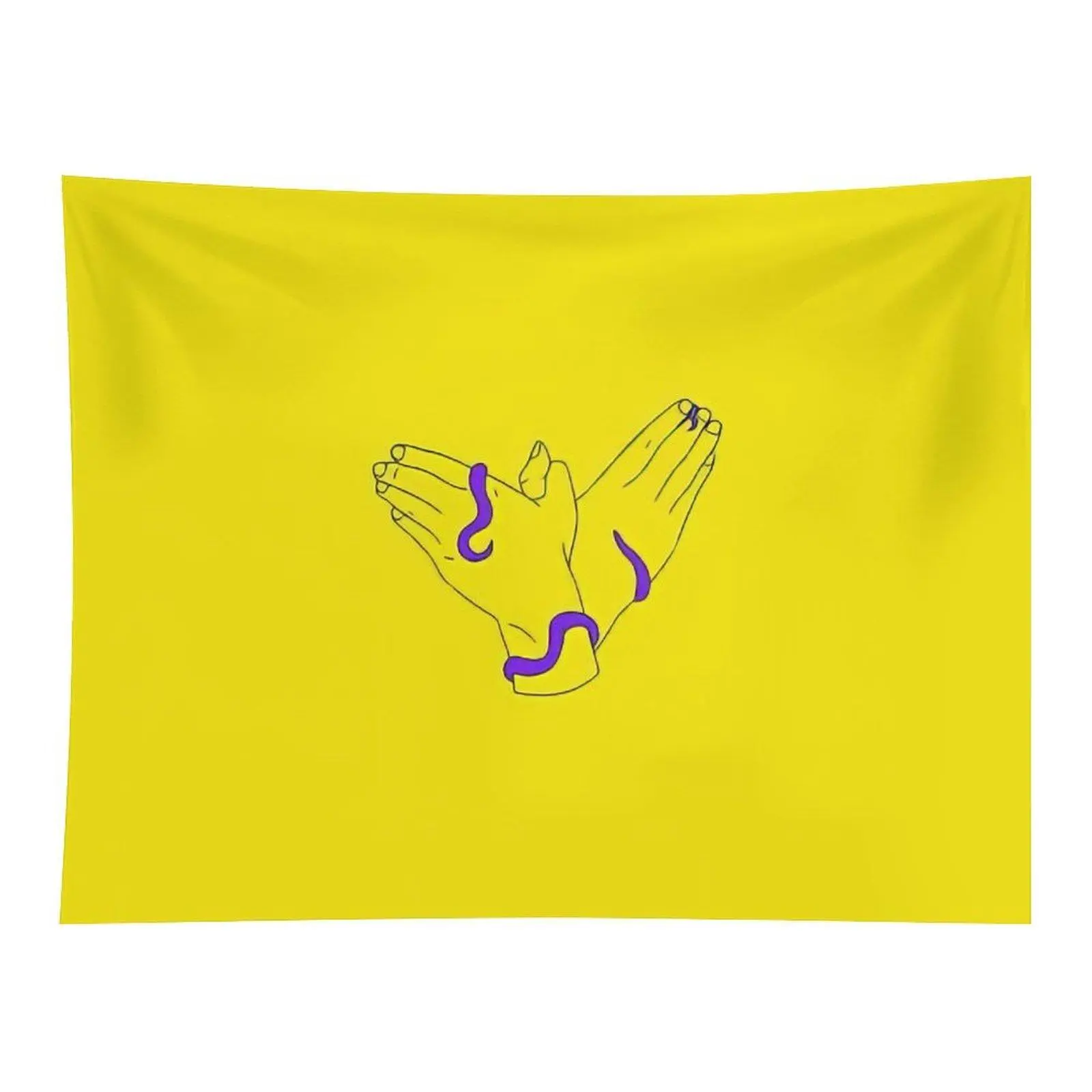 Bright Yellow Background Minimal Line Drawing Praying Hands Wrapped With Purple Snake Mystical Spiritual Wall Tapestry