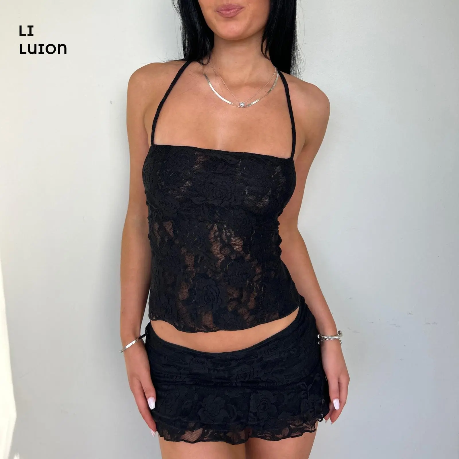 Women Soft Lace Outfit Tie-up Back Sleeveless Crop Tops Low Rise Mini Skirt 2 Piece Set for Party Club