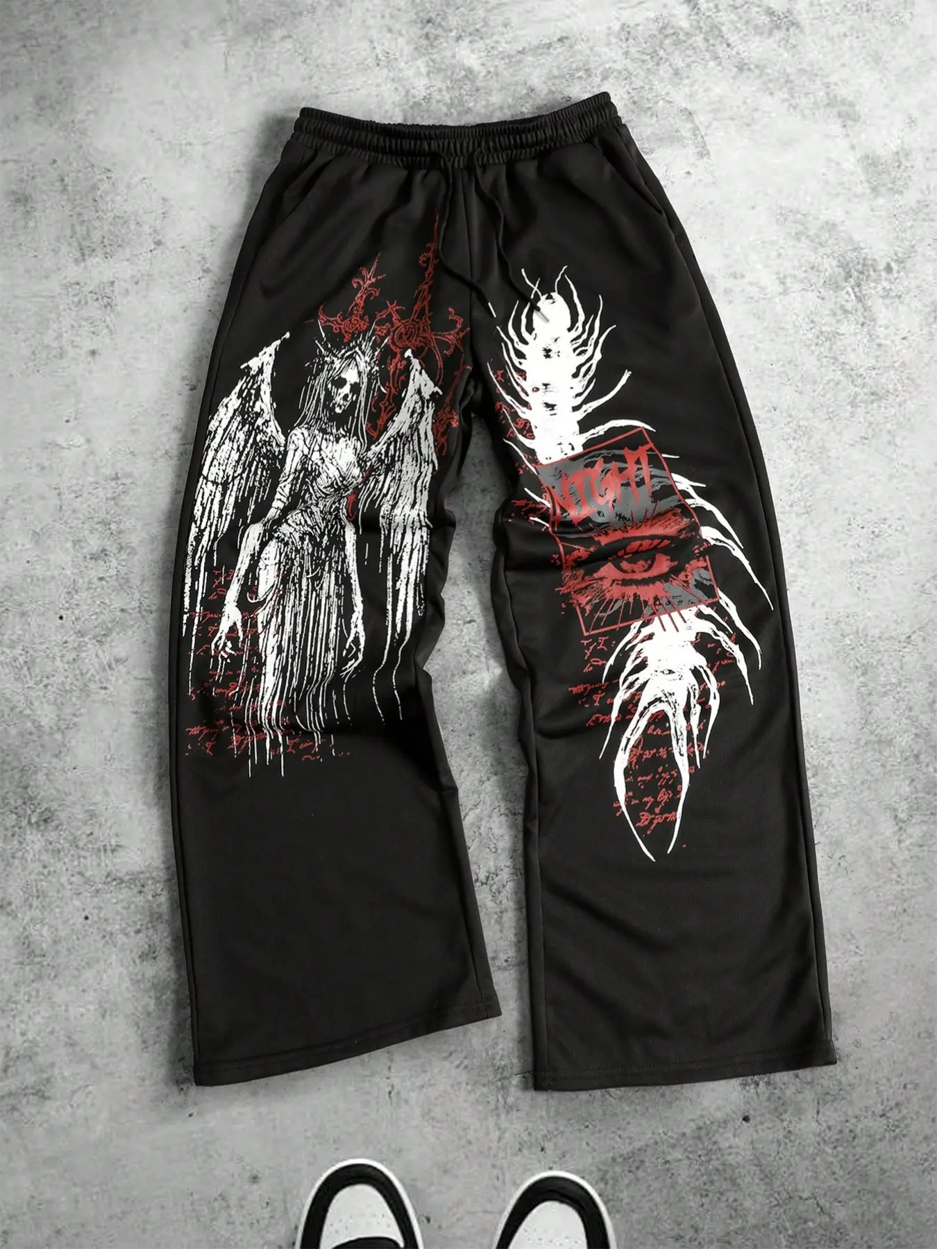 Men's Gothic Graphic Wide-Leg Sport Pants, Y2K Street Style with Angel & Demon Pattern, Athleisure Design, Casual Wear for Everyday & Parties, Drawstring Waist Sweatpants