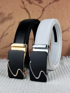 1Pcs men's and women's waistband, alloy automatic buckle with English letter pattern, 3.5cm/1.38in wide solid color waistband, suitable for daily commuting and holiday gifts.
