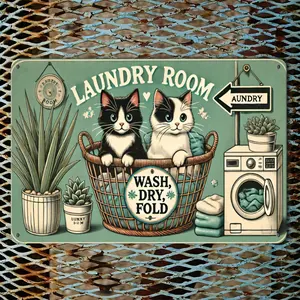 8x12 Inch (20x30cm) 2D Flat Metal Sign – Vintage Laundry Room Wall Art with Cat & Washing Machine, Retro Decor for Home, Man Cave, Garage & Bar (Hooks & Adhesive Included)
