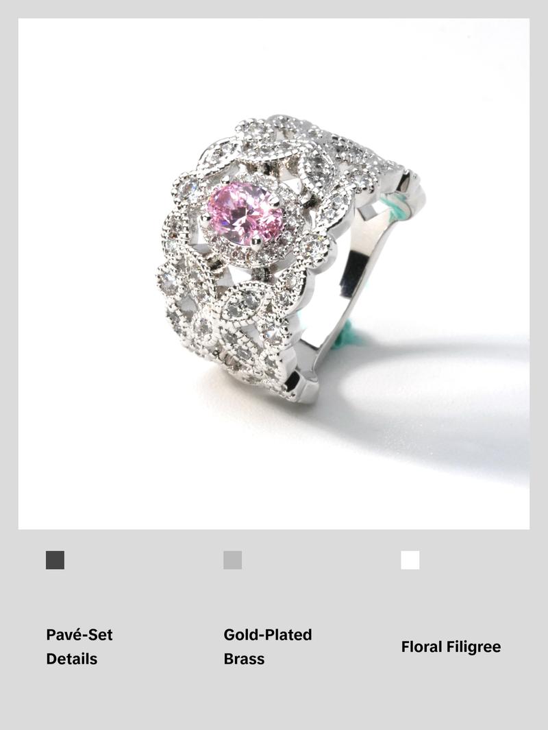 【Lab-Created】AMORETTO| Hearts & Arrows 10/10Aria Lace Ring - Fancy Pink High Carbon Diamond Band with Floral Filigree & Lab-Created Moissanite Stud Earring S925 Sterling Silver Moissanite Jewelry Perfect Birthday Mother’s Day Gift for Men Women