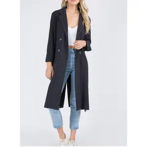 Women's Navy Pinstripe Trench Coat - Woven Fabric - Jacket cute jackets