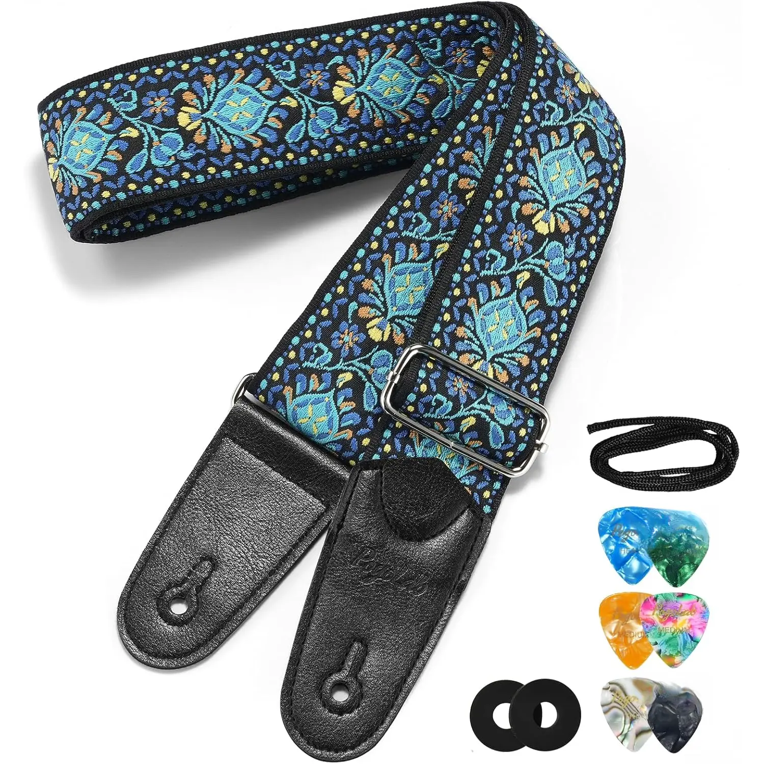 Guitar Strap, 2" Wide Jacquard Embroidery Cotton Adjustable Bass Strap with Leather Ends, with Strap Locks & Picks