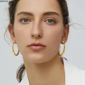 Trendy 18K Gold Plated Large Open Hoops | Lightweight Bold Statement Minimalist Big Stud Earrings, Hypoallergenic Chunky Geometric Jewelry for Women, Daily Outfit Accessories