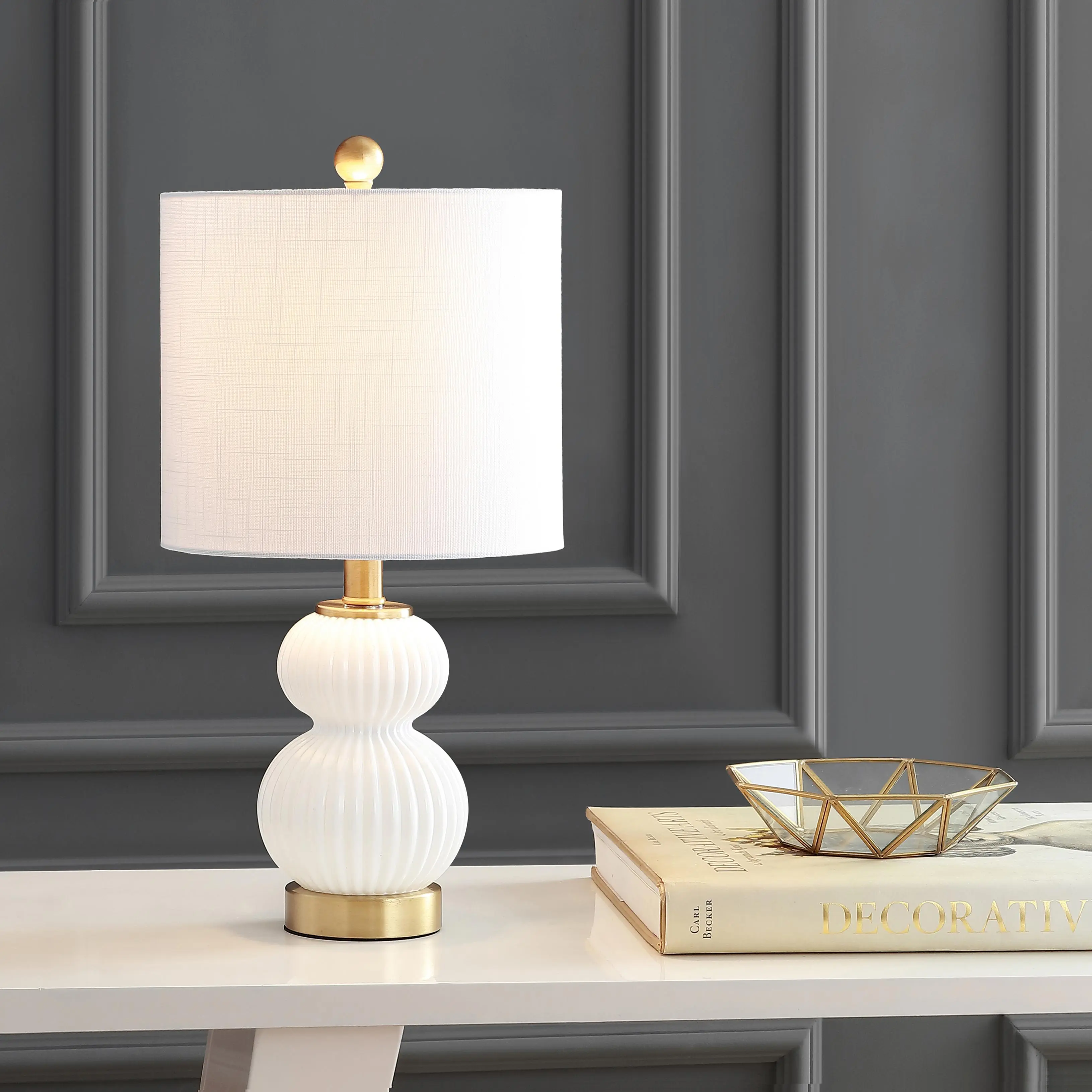 JONATHAN Y Daphne Ribbed Gourd Metal/Glass Table Lamp 20" | Modern Bedside Light for Bedroom Living Room, Contemporary Transitional Style, Linen Drum Shade, LED Bulb Included