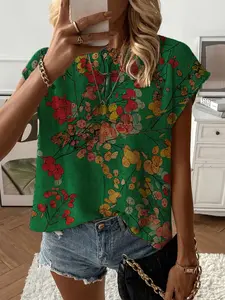 Summer Round Neck Short Sleeve Knit Top, Loose Fit Floral Print, Casual Elegant Chic Commuter, Bikini Cover-Up, Women's Fashion