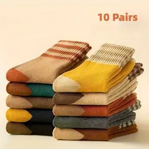 10-Pack 10 Colors Women’s 100% Cotton Thickened Fleece-Lined Terry Socks, Mid-Calf Striped Slouchy Warm Winter Socks
