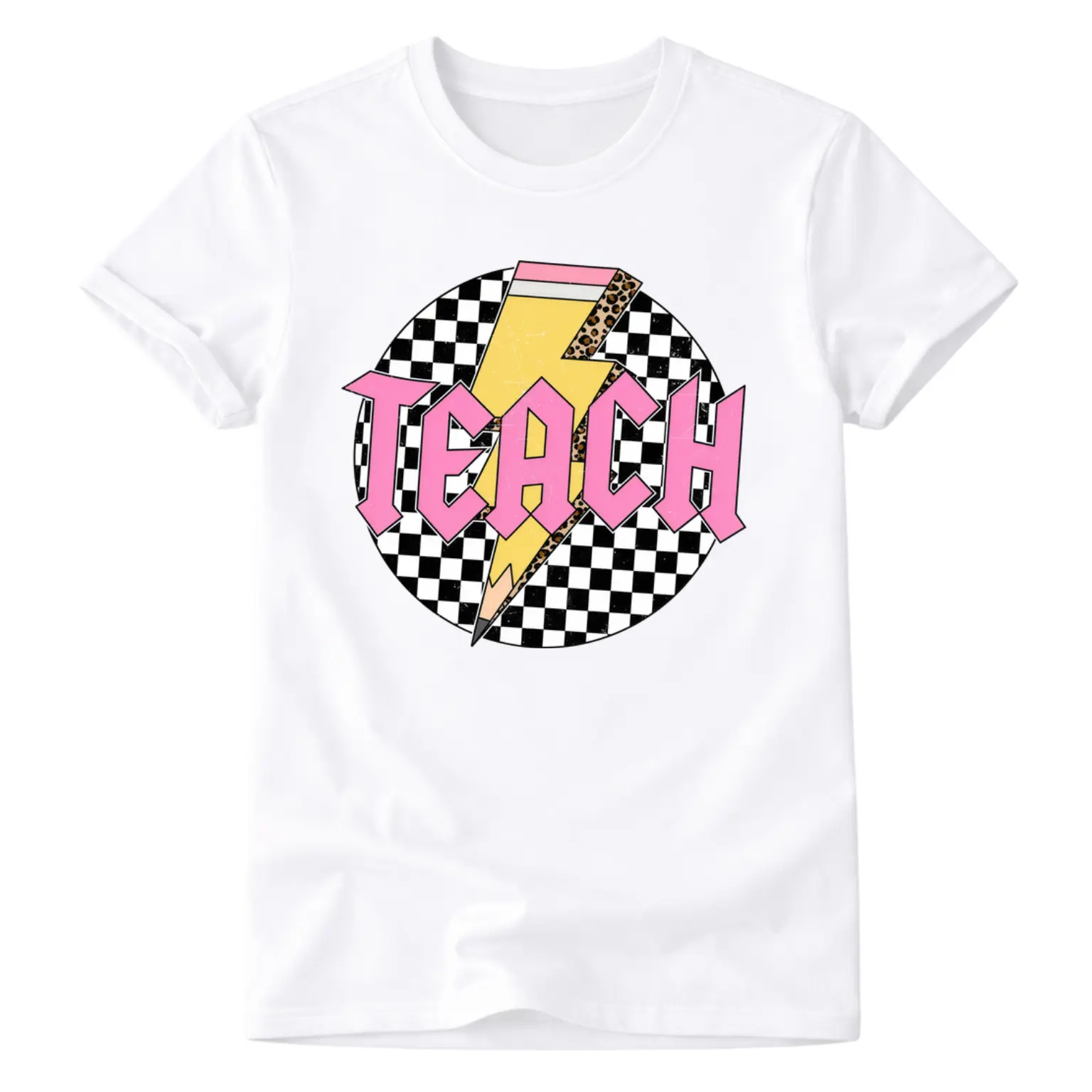 Women'S Heavyweight TEACH Pattern T-Shirt - Black with Pink Letters And Lightning, Plaid Pattern Casual Street Style Top, Teacher Spring/Summer Outfit (Size S-XXL), Teacher T-Shirt, Teacher Fashion, Loose Fit T-Shirt, Soft Fabric Shirt