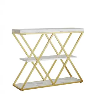 Garvee 3-Tier Industrial Console Table with X-Shaped Metal Frame, Open Shelves, Adjustable Feet, and Rustic Wood Top - Modern Accent Furniture for Entryway, Living Room, and Hallway - Available in Gold, Black, and Grey