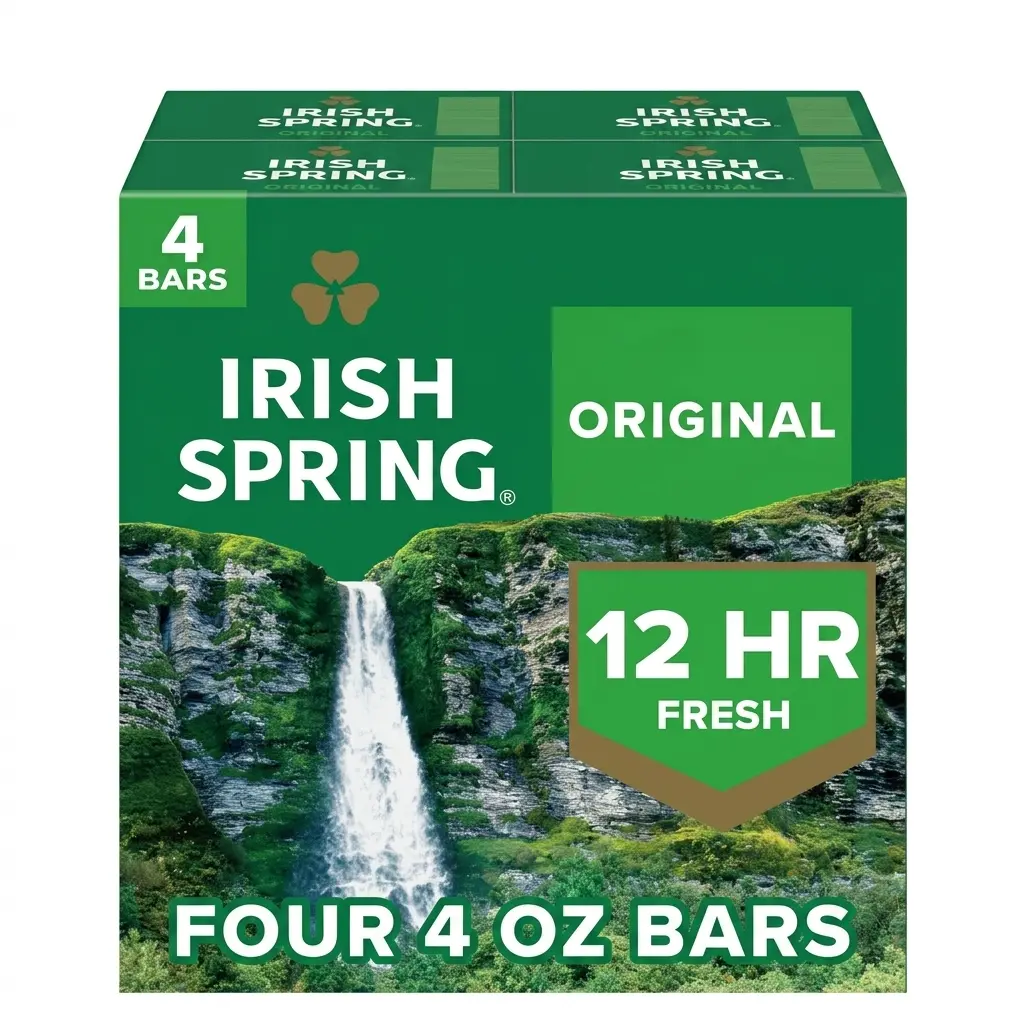Irish Spring Original Clean Bar Soap 4-Pack, Larger Size with New Design, 12-HR Fresh Scent, Daily Bath & Body Cleanser