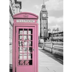 1PC  Diamond Painting London Pink Telephone Booth Diamond Painting Kit DIY Full Drill Rhinestone Art Craft for Home Wall Decor Featuring Big Ben Landmark