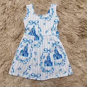 Sleeveless blue bow stripe printed sweetness athletic dress girls boutique dresses
