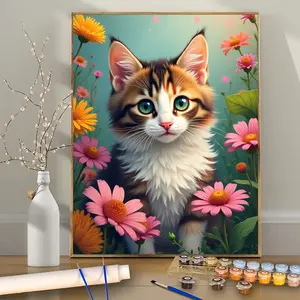 Paint by Numbers Kit for Adults Beginners, Adorable Cat with Flowers Design, DIY Canvas Painting Art Set, 16x20 Inches, 24 Colors, No Frame, Hand-Painted Craft for Home Wall Decor, Perfect Gift for Birthday, Mother's Day, Father's Day, Christmas