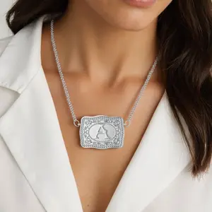 Stainless Steel Initial Letter Pendant Necklaces with Embossed Belt Buckle, Rhodium-Plated,Get 1 Free Chain