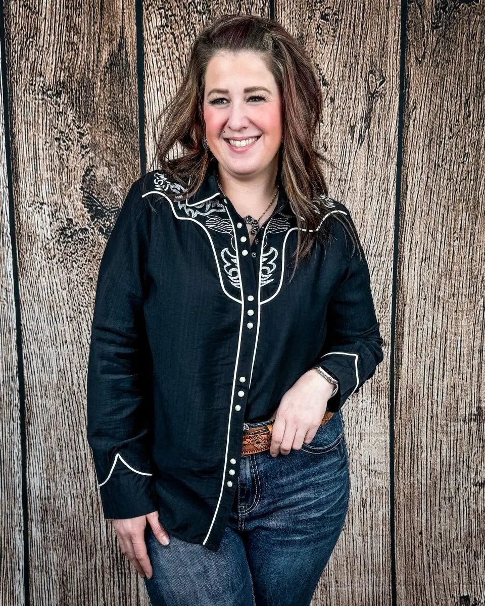 Women's Black Blackwood Pearl-Snap Cowboy Shirt, Embroidered Tops with Premium Fabric by Lucky and Blessed