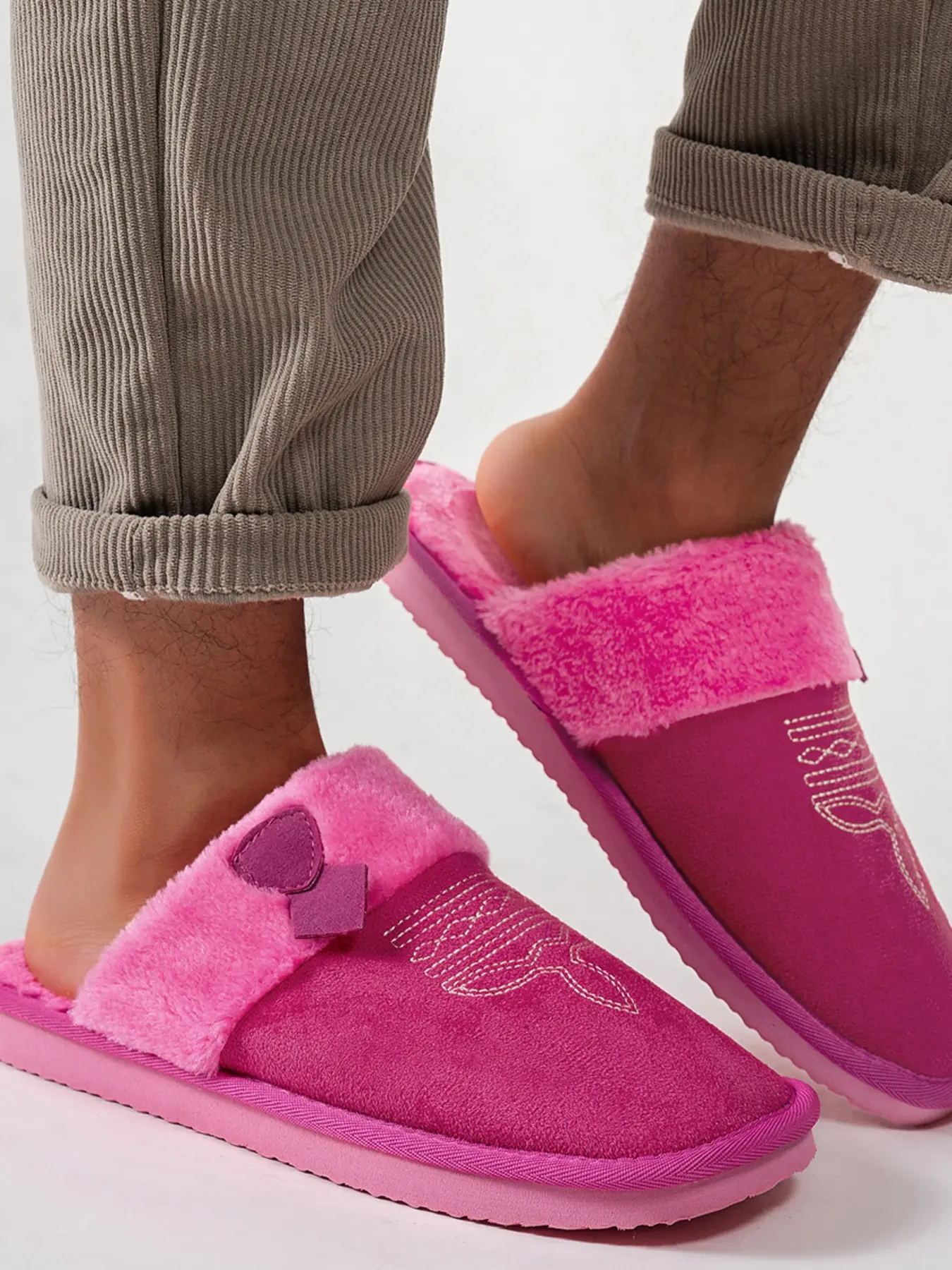 New Fall Winter Thick Sole Slip-On Plush Cotton Slippers, Embroidered Barbie, Warm Square Toe, Fashionable Outdoor Casual Women's Shoes