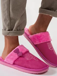New Fall Winter Thick Sole Slip-On Plush Cotton Slippers, Embroidered Barbie, Warm Square Toe, Fashionable Outdoor Casual Women's Shoes
