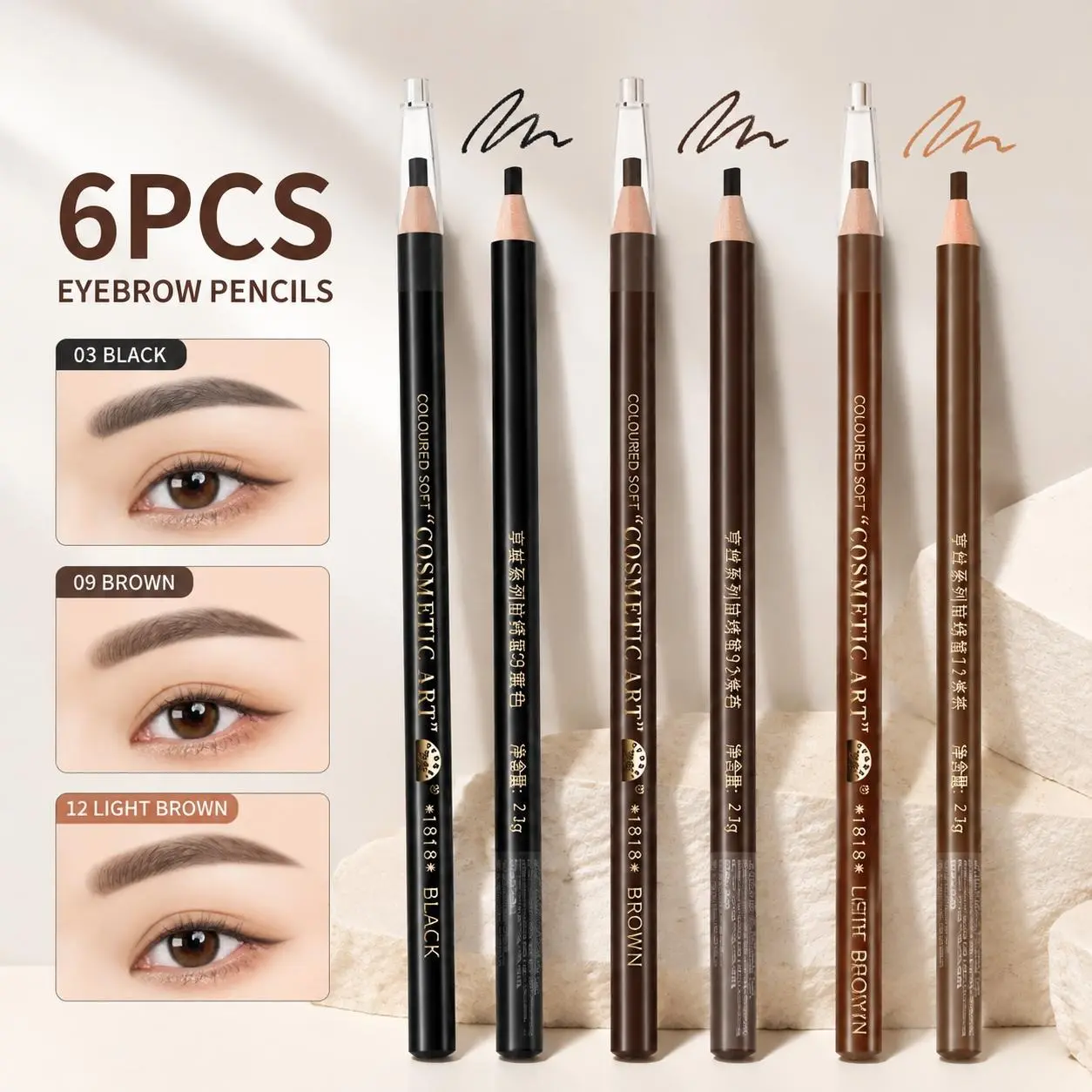 6PCS Waterproof Sweat-Proof Cosmetic Eyebrow Pencils, Smudge-Proof, Long-Lasting Durable Multi-Color Makeup Pencils, Eyebrow Pencil Set, Perfect for Eyebrow and Eyeliner Makeup