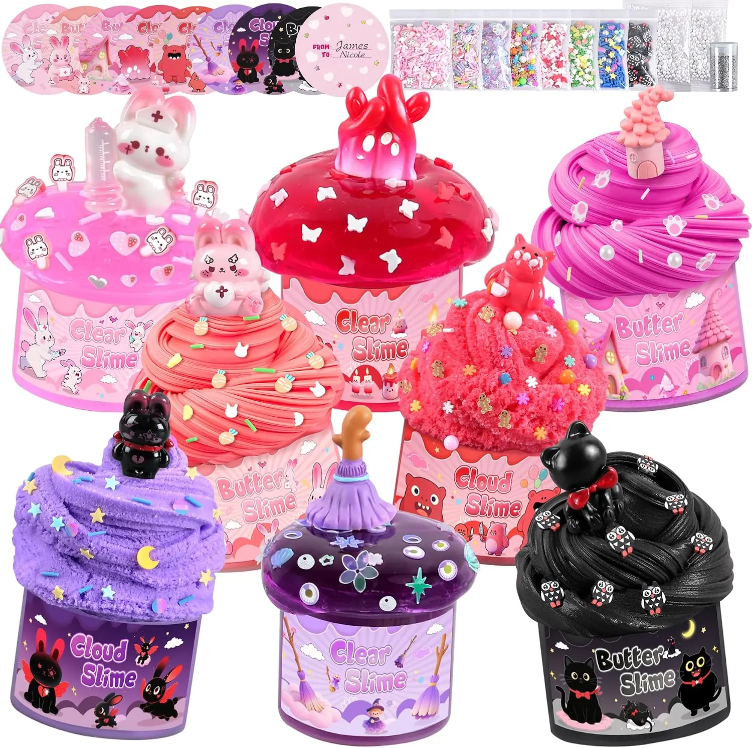 Halloween Slime Kit 8 Pcs, Cloud Butter Clear Slime, Halloween Party Favors | Red Black Slime,Soft Stretchy,Spooky Add-ins,Safe Kid Friendly,Halloween Treat Bag Filler For Kids Party Gift