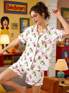 Women's Bobs Burgers Louise Cartoon Print Pajama Set, Pjs, Two-Piece Button-Up Top and Shorts, Casual Homewear, Loungewear, Comfortable Wear-Anywhere Sleepwear