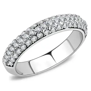 212 MAIN Women's High-Polished Stainless Steel Round Band Ring, Size 6, Top-Grade Transparent Crystal-Adorned Stackable Ring
