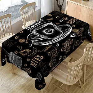 Vintage Hand-Painted Coffee Patterned Tablecloth, Rectangular Tablecloth for Home Kitchen, Coffee Shop, Outdoor Camping, Picnic, Party Decoration