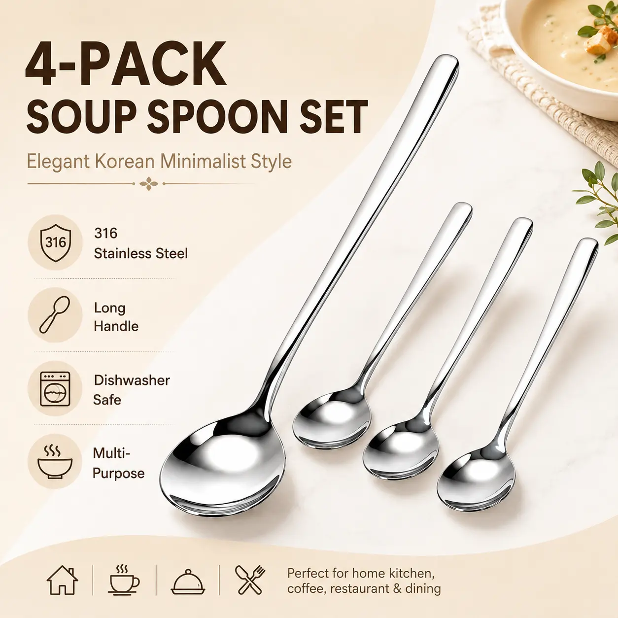 316 Stainless Steel Korean Soup Spoons 4 Pack, Long Handle Dishwasher Safe Flatware Set, Reusable Rice Dessert Coffee Stirring Spoons, Cream Minimalist Tableware for Home Kitchen Dining Restaurant