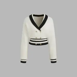 Cider [2 colors, size 2-26] Knit V-neck Solid Button Contrasting Binding Cardigan