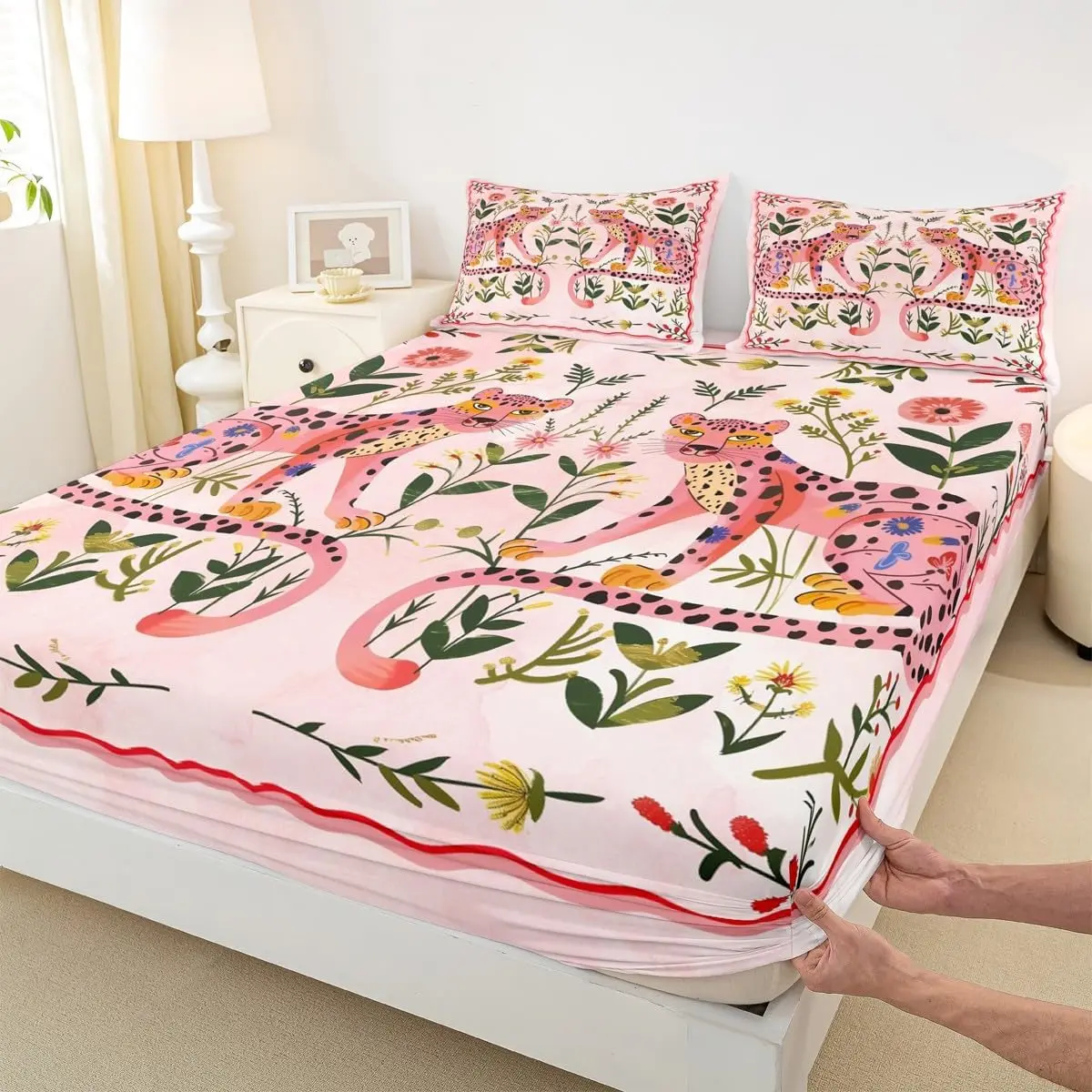 Pink Cheetah Fitted Sheets,Cute Floral Leaves Bedding Set Woman Room Decor,Africa Wild Animals Bed Cover Pink Leopard Print (No Flat Sheet