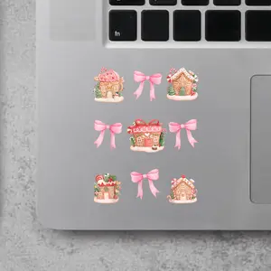 Christmas Coquette Gingerbread Houses Pink Bow Ribbons 2x2 inches Cut Out Sticker