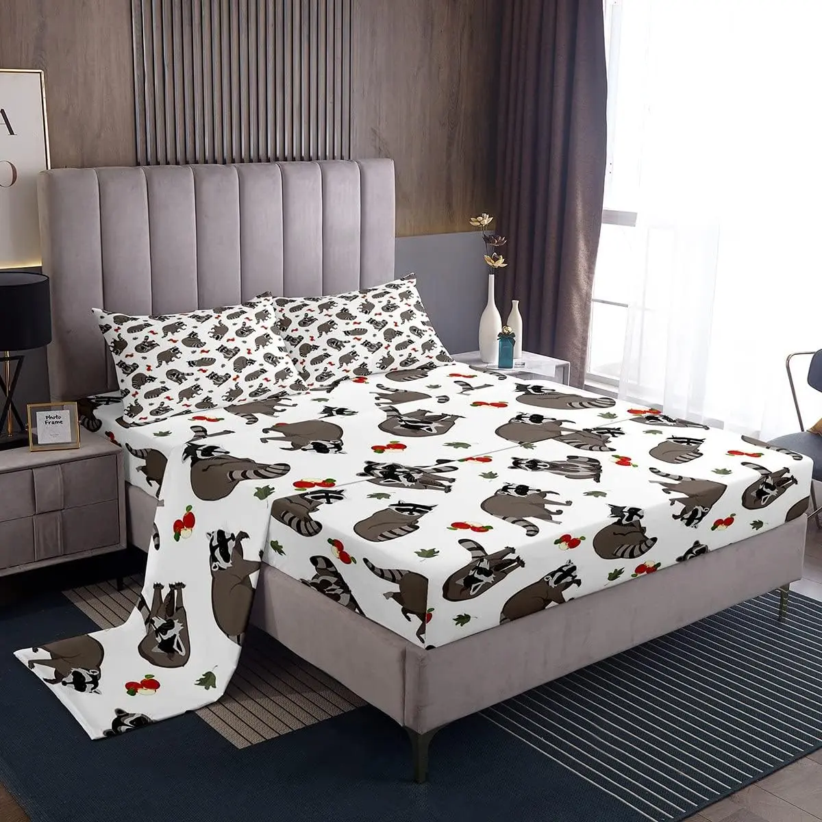 Feelyou Cute Raccoon Print Bedding Set - Multi-Size Breathable Flat Weave Grey Bedsheet Sets, Fruit & Leaf Decor, Deep Pockets, Cozy Animal-Themed Bedding for Kids, Modern Home Decor, All Seasons Textile Furnishings