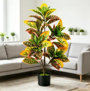 3ft Artificial Croton Tree, UV Resistant Potted Faux Topiary Plant with Variegated Leaves, Low Maintenance Fake Plant for Indoor Outdoor Home Office Living Room Patio Decor