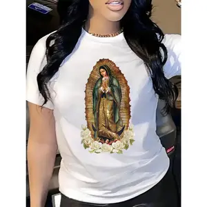 Short Sleeve White T-Shirt with Virgin Mary Guadalupe Print for Casual Wear