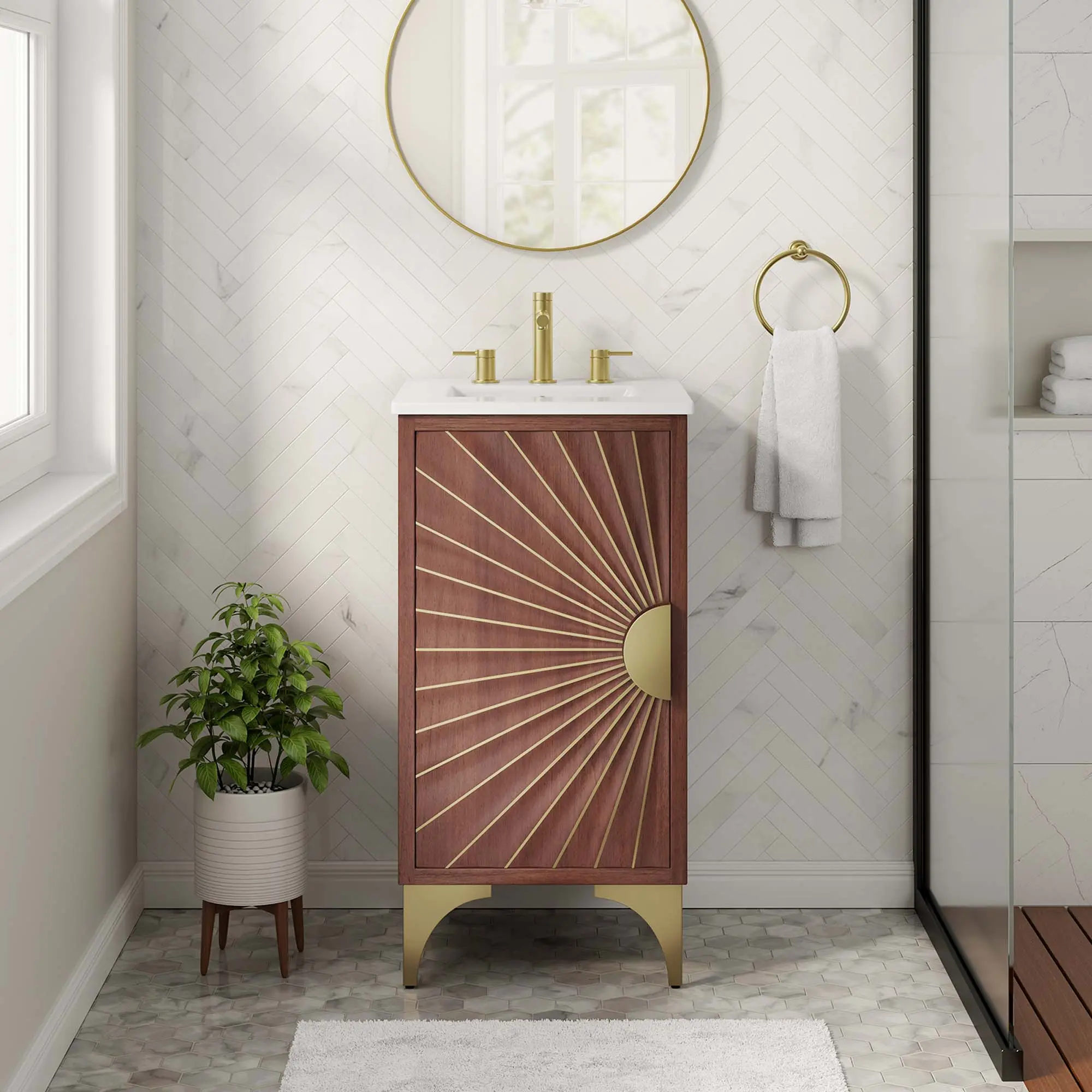18 in White Walnut Bathroom Vanity Set with Wooden Storage Cabinet, Ceramic Sink Basin, Brass Base, Daylight Bathroom Fixtures, Assembly Required, One Daylight 18" Bathroom Vanity