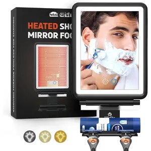 Heated Shower Mirror Fogless for Shaving, 3 Color Dimmable Lights Shower Mirror Fogless, Rechargeable Anti-Fog Shaving Mirror with Razor Holder, Storage Tray,