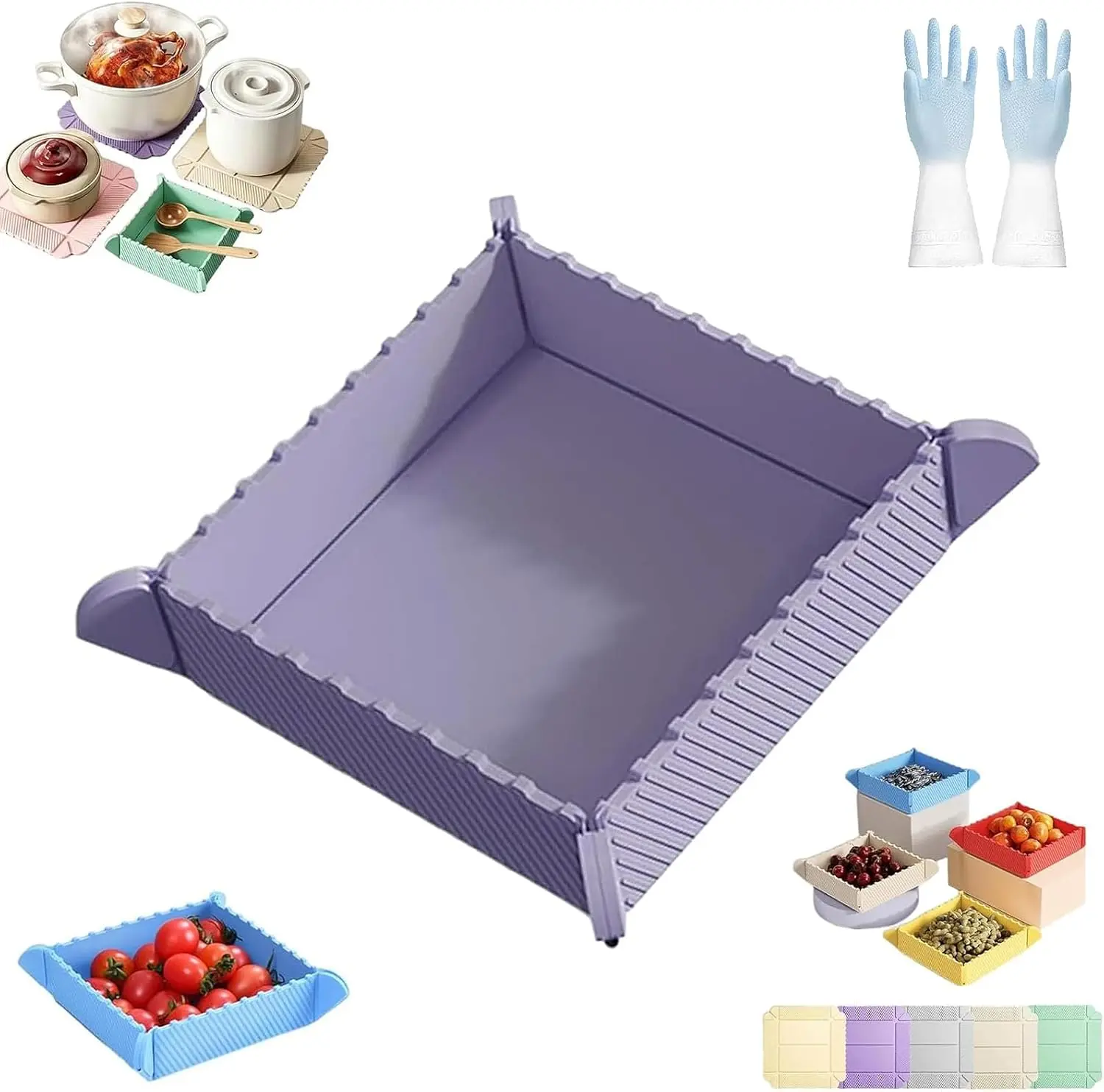 2-in-1 Magnetic Silicone Mat & Foldable Serving Tray, Foldable Multifunctional Storage Bowls, Non-Slip Heat Resistant Waterproof Multi-use Portable Serving Platter for Kitchen, Camping (Purple)