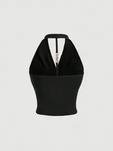 Women's Sexy Backless Chain Detail Halter Neck Top, Summer Slim-Fit Chic Fashion Blouse, Stylish Knit Fabric Casual Wear Womenswear
