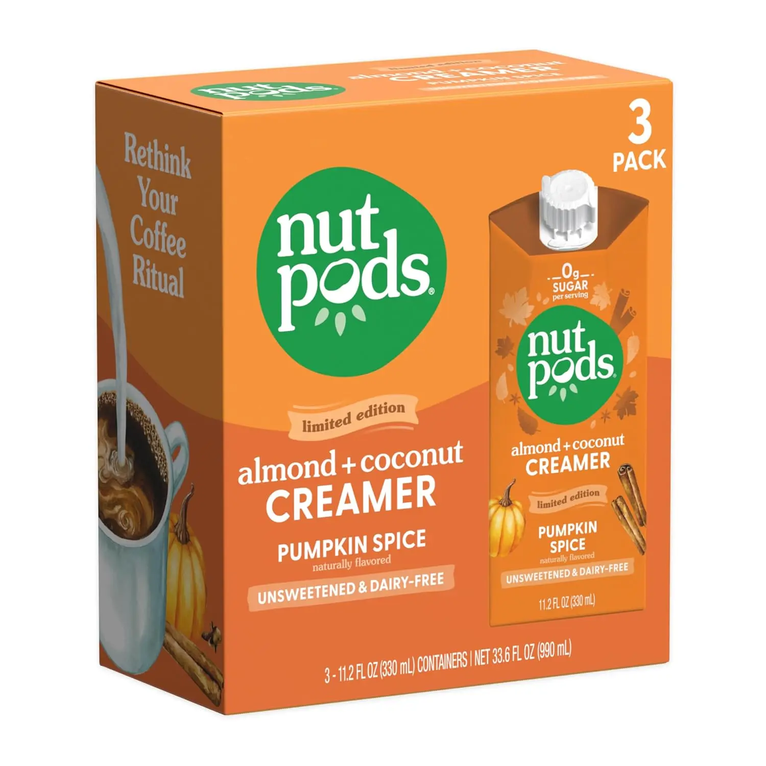 nutpods Pumpkin Spice Unsweetened Dairy-Free Coffee Creamer, 3-Pack | Made from almonds and coconuts. Whole30, gluten free, non-GMO, vegan, kosher.