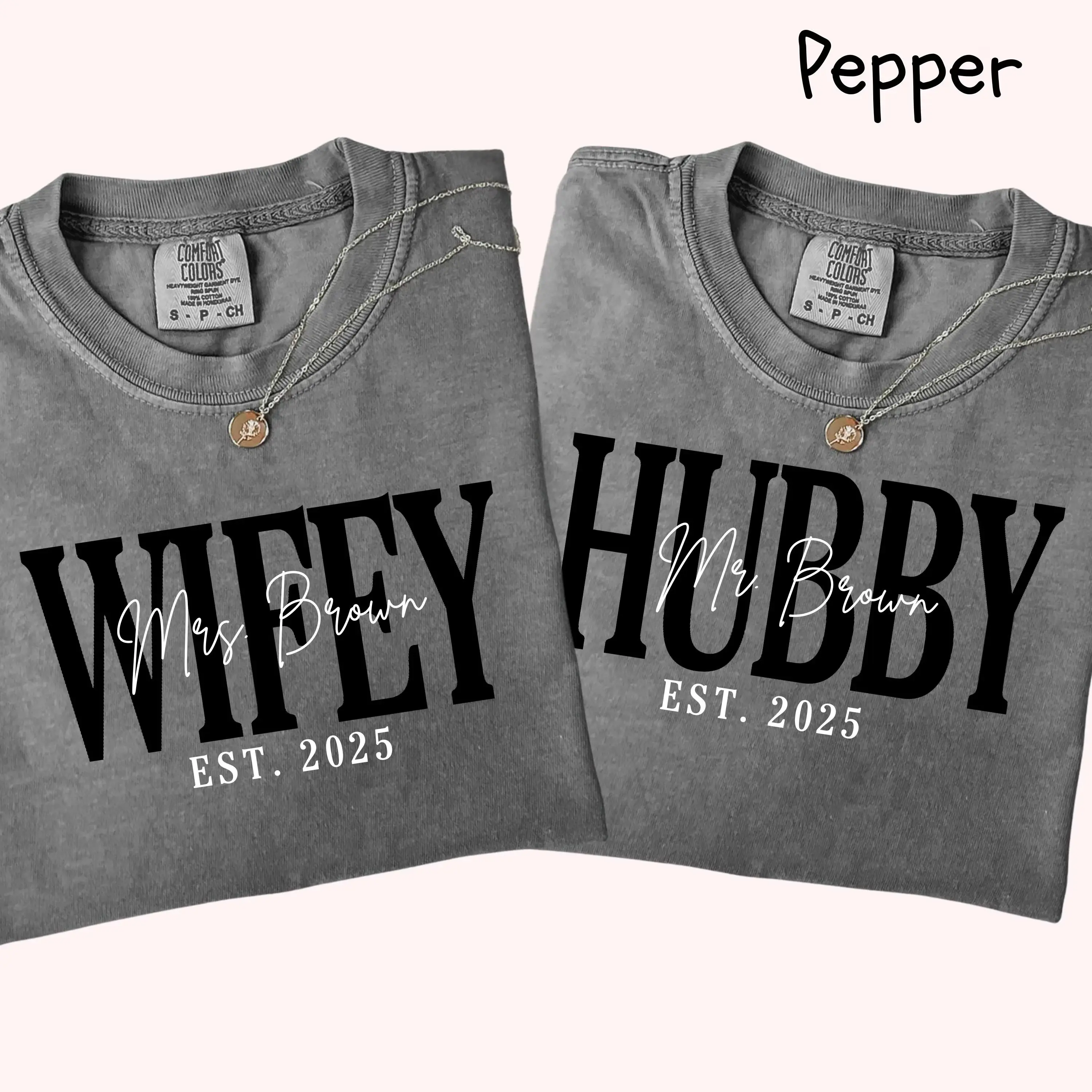 Comfort Colors Custom Wifey and Hubby Shirt, Personalized Newlyweds Shirt, Honeymoon Matching Wifey and Hubby Clothing, Custom Couple Shirts