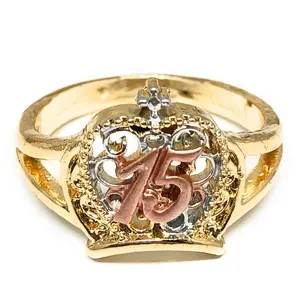 Gold Plated Tri-Color 15 Años Crown Ring Anillo