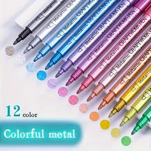 12 Pack Metallic Plastic Dot Pen Set - Quick Dry Gold Silver Copper Markers for Decorative Art, Rock Painting & Greeting Card Making - Fine Tip Glitter Pens for DIY Craft Wedding Signatures - Scrapbooking Supplies 12 Pcs