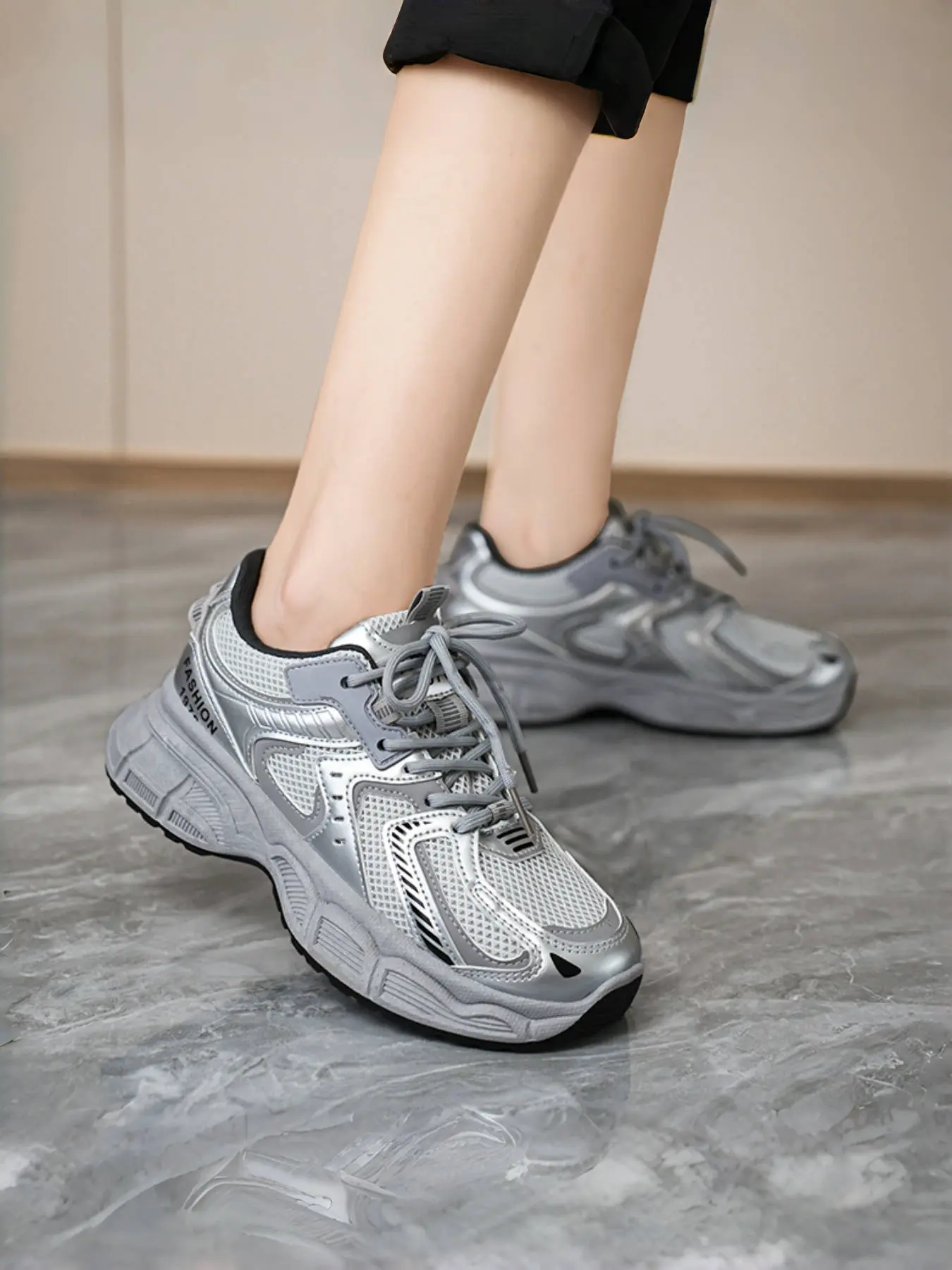 Women's Silver Platform Shoes Sports Shoes Thick Soled All Seasons Sneakers | CloudComfort Technology | Versatile Casual Wear