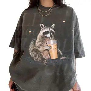 Raccoon Drinking Iced Coffee Vintage 90s Comfort Color Shirt, Retro Funny Trash Panda Coffee Shirt, Crew Neck, Menswear Top, Womenswear Top Underwear Streetwear
