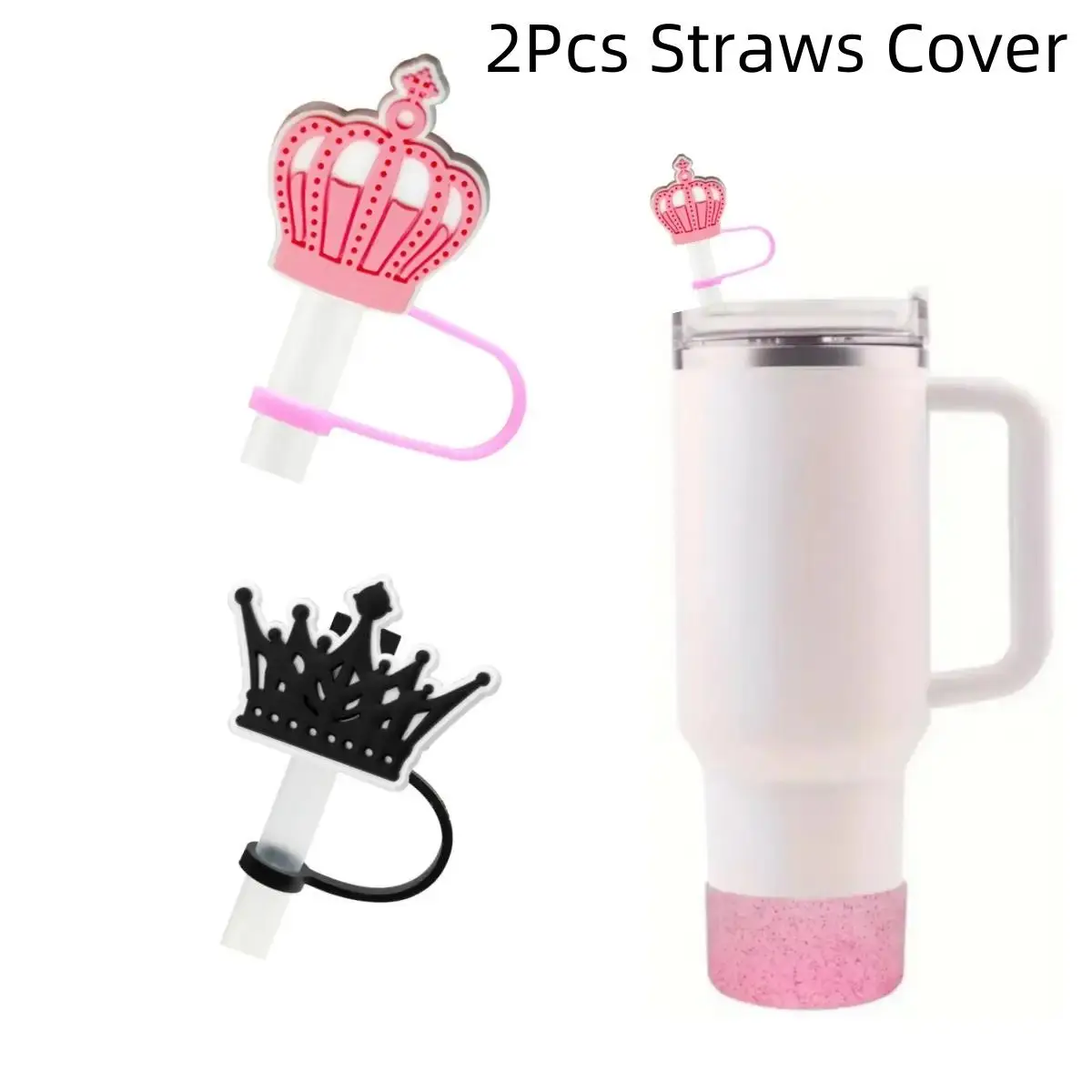 Cute Silicone Straws Tips Cover (2pcs), Reusable Crown Pattern Straw Toppers for Tumblers, Dust Straw Cover for Home Office, Drinkware Accessories [wi