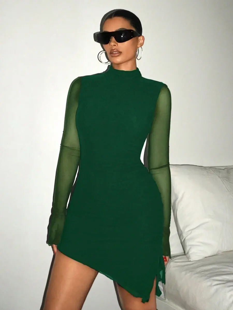 SHEIN ICON Women's Spring Summer Stand Collar Fitted Solid Color Long Sleeve  Mesh Dress - TikTok Shop
