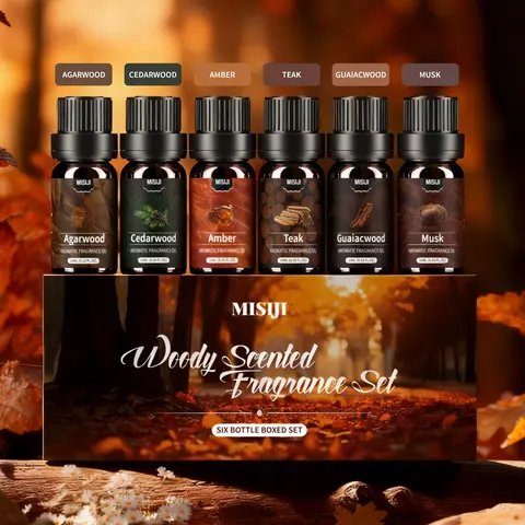 MISIJI Concentrated Woody Essential Oils Set (6 Bottles x 0.34oz) - Nature Concentrate, Wood Scent, Diffusion Device Scented Oils for Diffusers, Soap Making - Sandalwood, Agarwood & More - Boxed Women's Home Fragrance Gifts