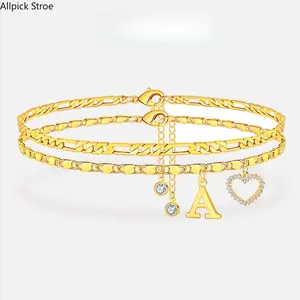 Women’s Gold Layered Anklet Bracelet with Initial Letter Charm, Double Chain Heart Pendant Anklets for Women, Adjustable Y2K Beach Jewelry for Summer Vacation, Sandals, Festivals, Daily Wear and Cute Gift for Her