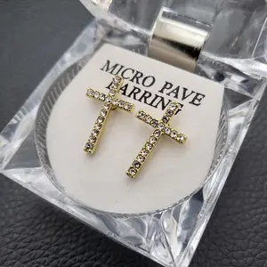 MaxBling81 10x20mm Cross Shape Metal-Plated Stud Earrings, Unisex Religious Jewelry with Rhinestones, CZ Shiny Iced Detailing, Daily Wear Fashion Accessory with Crystal Case