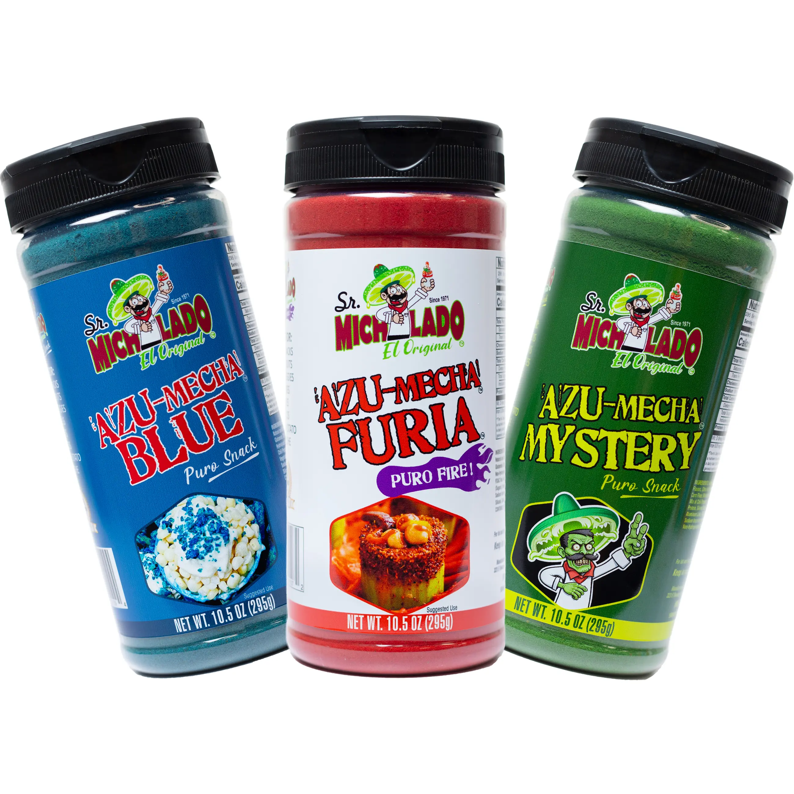 Azu-Mecha Bundle 3pk - Furia, Blue, Mystery - Snack Seasoning - Sr. Michelado - Bottle Flavor Spice powder Azu-Mecha Bundle 3pk - Furia, Blue, Mystery - Snack Seasoning - Sr. Michelado - Bottle Flavor Spice powder